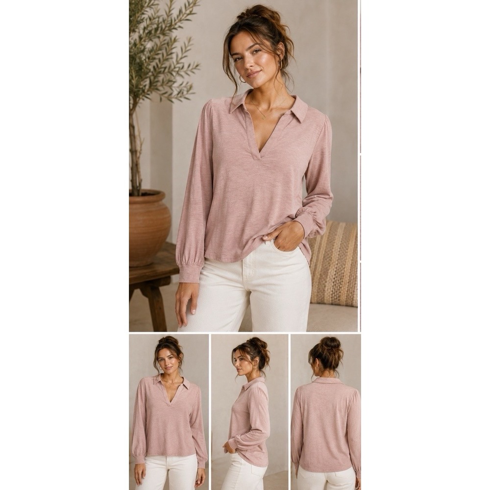 Boden Dusty Rose V-Neck Collared Long-Sleeve Top